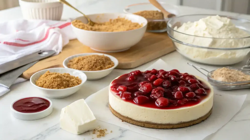 Ingredients for Cherry Cheesecake including graham cracker crumbs, cream cheese, and cherry pie filling.