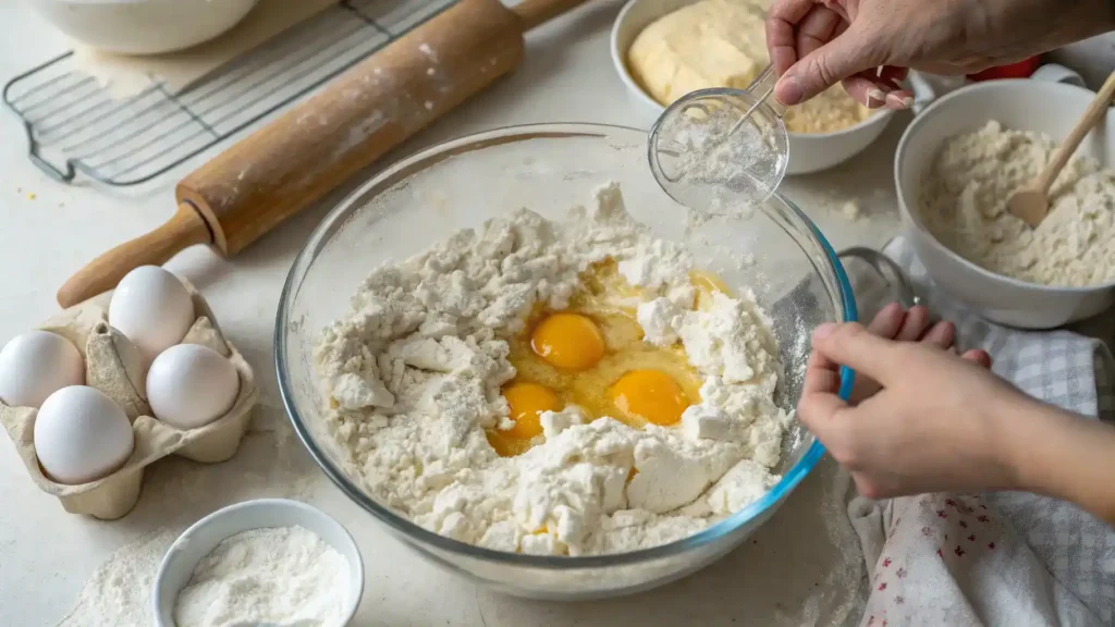A step-by-step process of making cottage cheese flatbread, showcasing ingredients and mixing techniques.