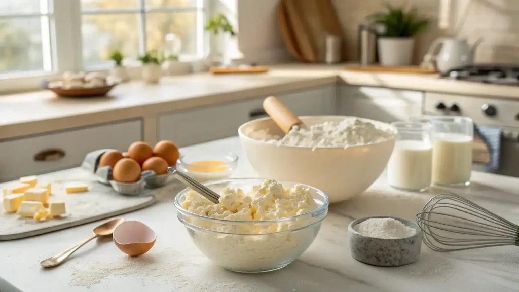 Pro tips for making cottage cheese muffins displayed in a kitchen.