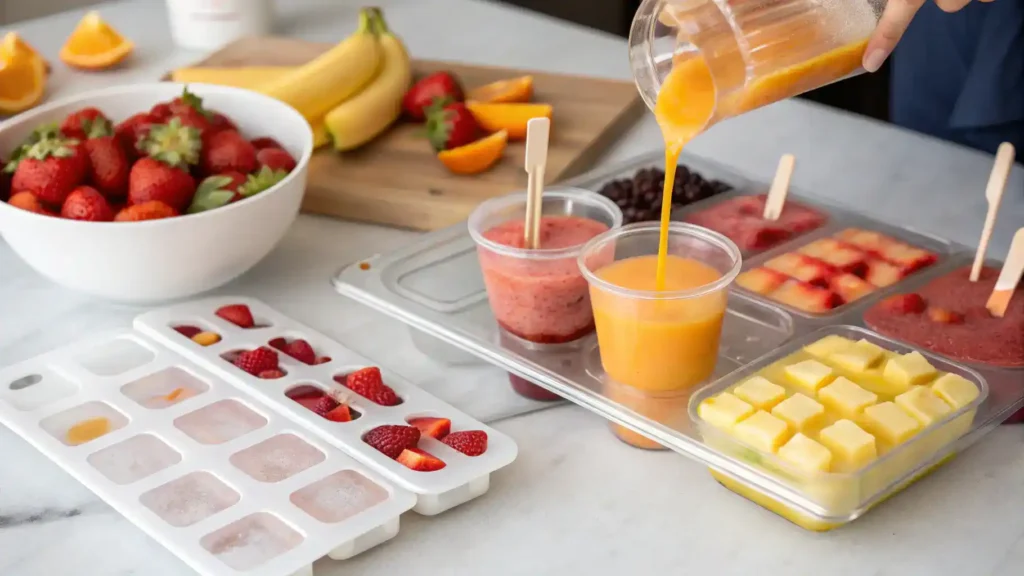 Step-by-step process of making colorful popcicles with fresh fruits and juice.