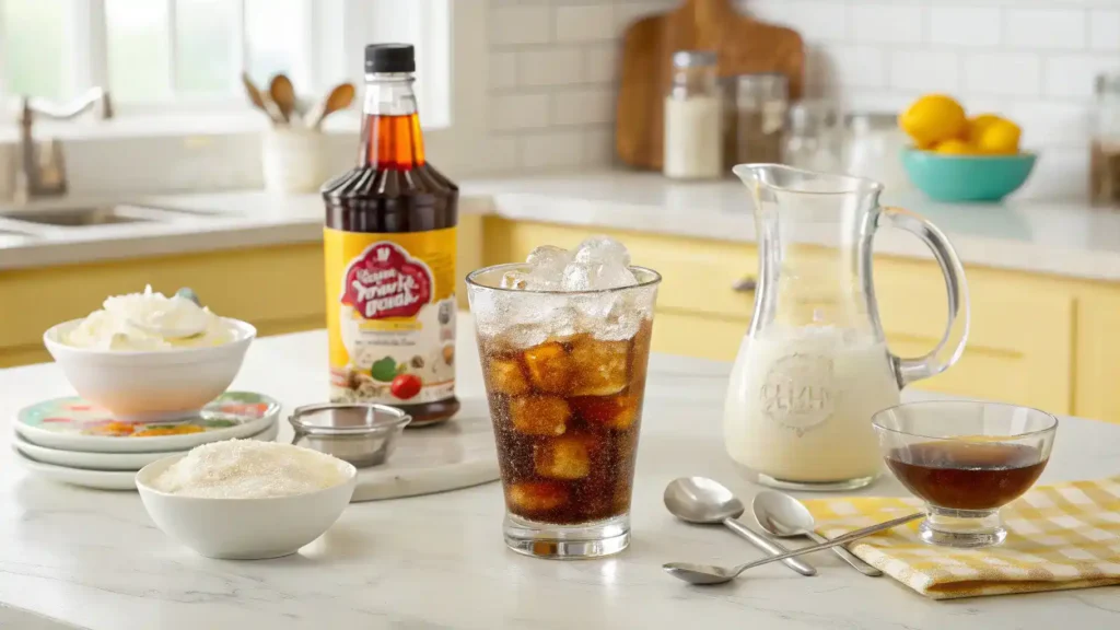A step-by-step guide to making dirty soda with ingredients laid out on a kitchen counter.