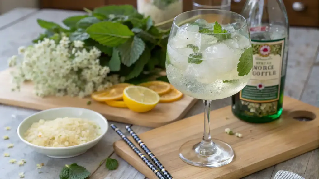 A refreshing Hugo Spritz mocktail in a large wine glass filled with ice, garnished with mint leaves and a slice of lime.