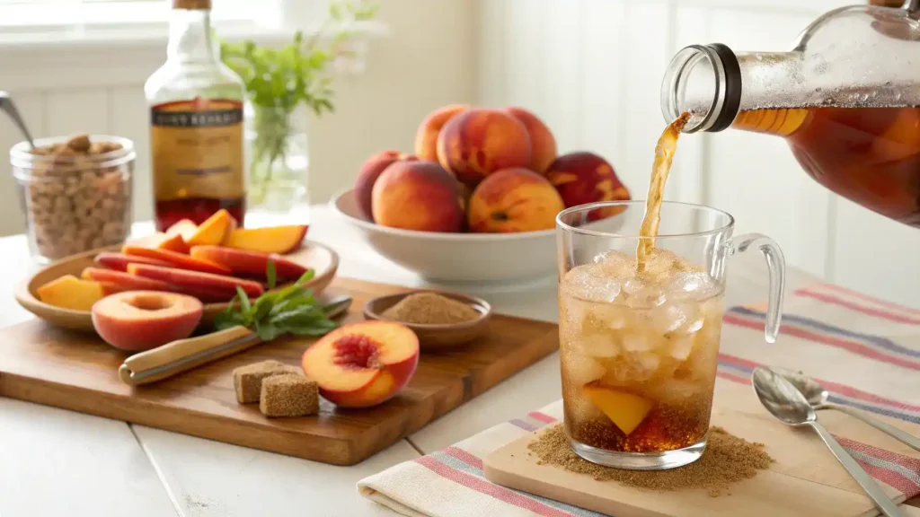 A step-by-step guide to making Peach-Bourbon, showcasing fresh ingredients and preparation steps.