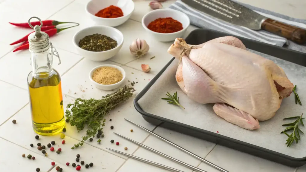 Ingredients and steps for making rotisserie chicken displayed on a kitchen counter.