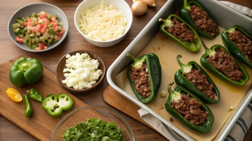 Step-by-step process of making stuffed poblano peppers with ingredients laid out.