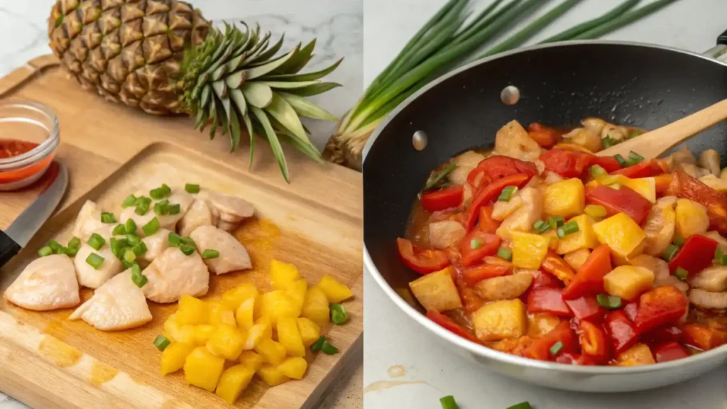 Step-by-step process of making Sweet n Sour Pineapple Chicken with ingredients displayed.