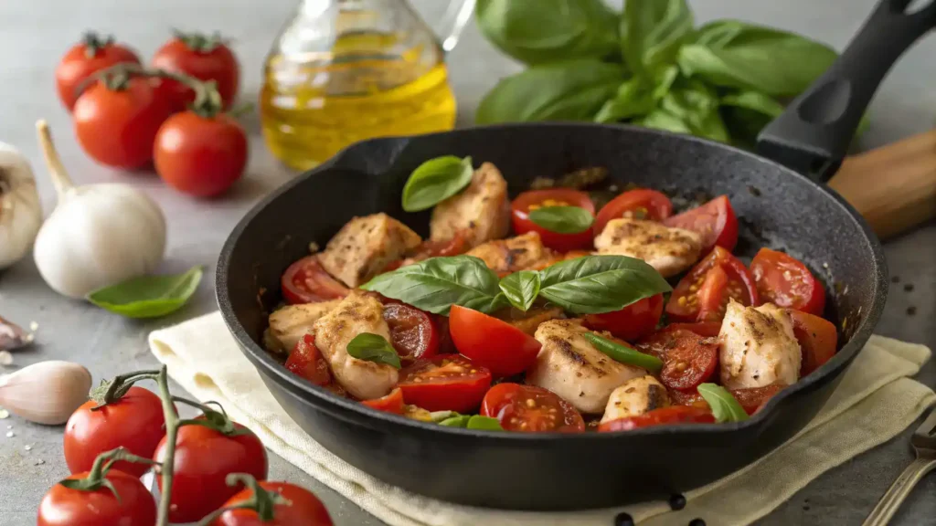 A skillet with Tomato-Basil Chicken cooking, featuring fresh tomatoes and basil.
