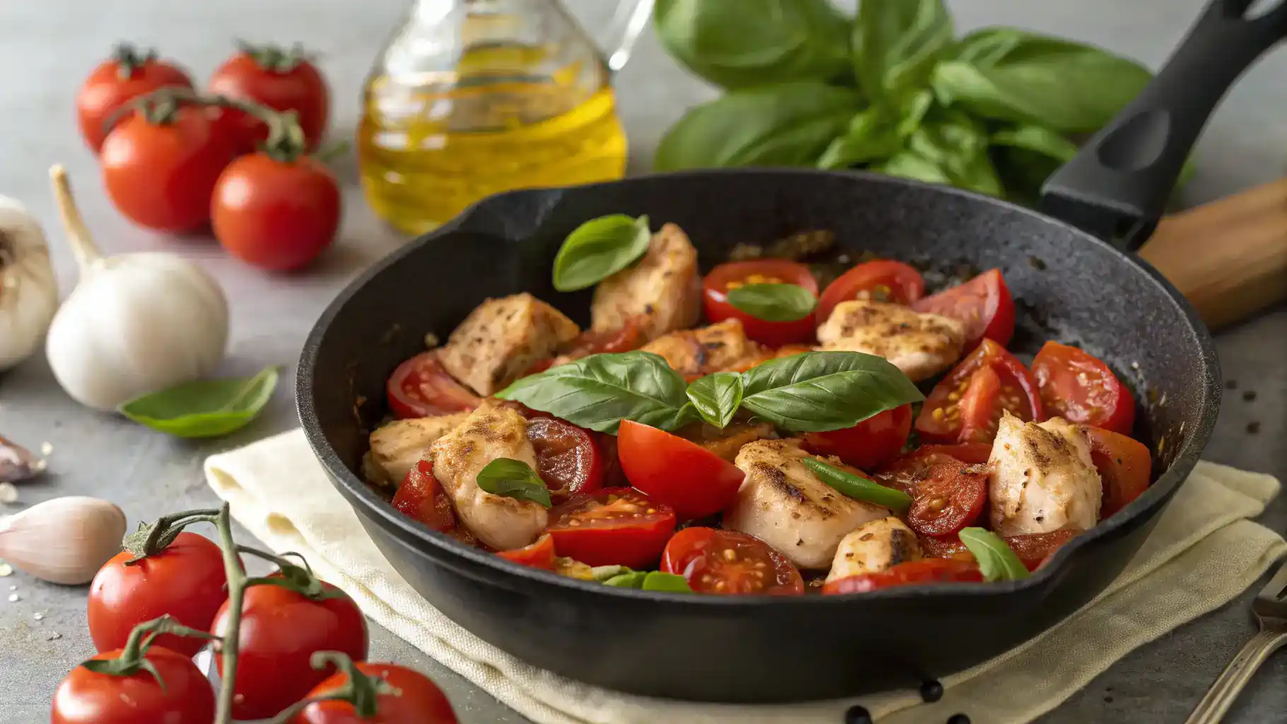 A skillet with Tomato-Basil Chicken cooking, featuring fresh tomatoes and basil.