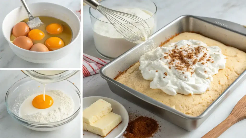 Step-by-step process of making tres leches cake, including ingredients and baking steps.