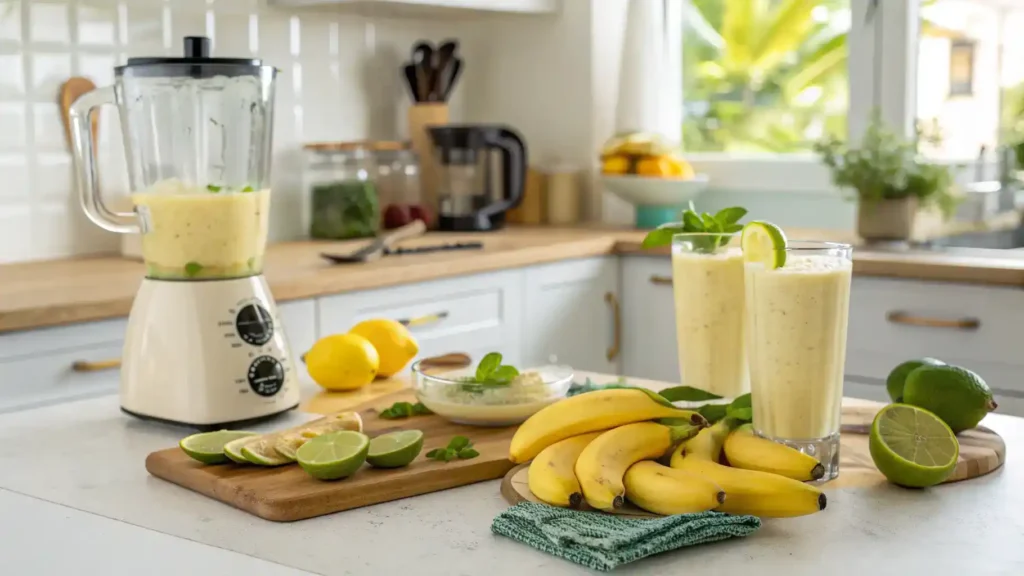 A vibrant Banana Daiquiri mocktail being blended with fresh ingredients.
