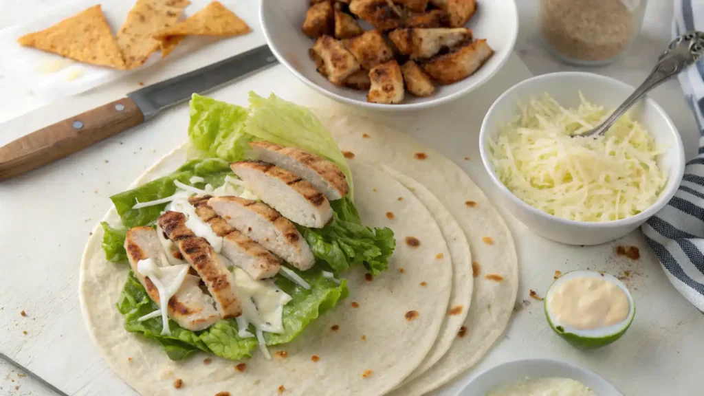 Step-by-step process of making a Chicken Caesar Wrap with ingredients being mixed.