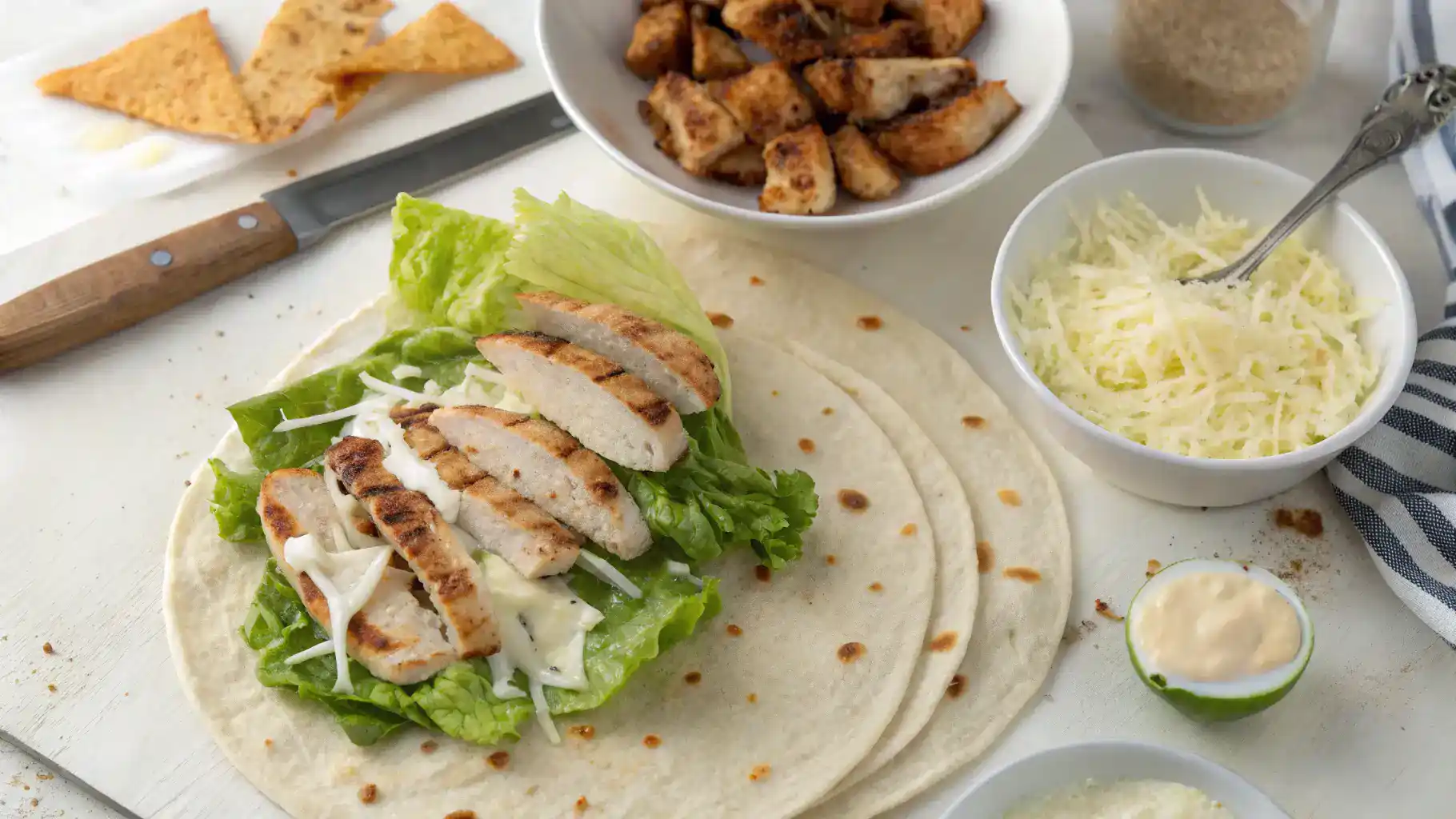 Step-by-step process of making a Chicken Caesar Wrap with ingredients being mixed.