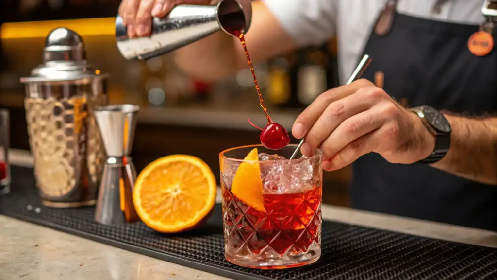A Phony Negroni cocktail being prepared with non-alcoholic ingredients and garnished with an orange slice.