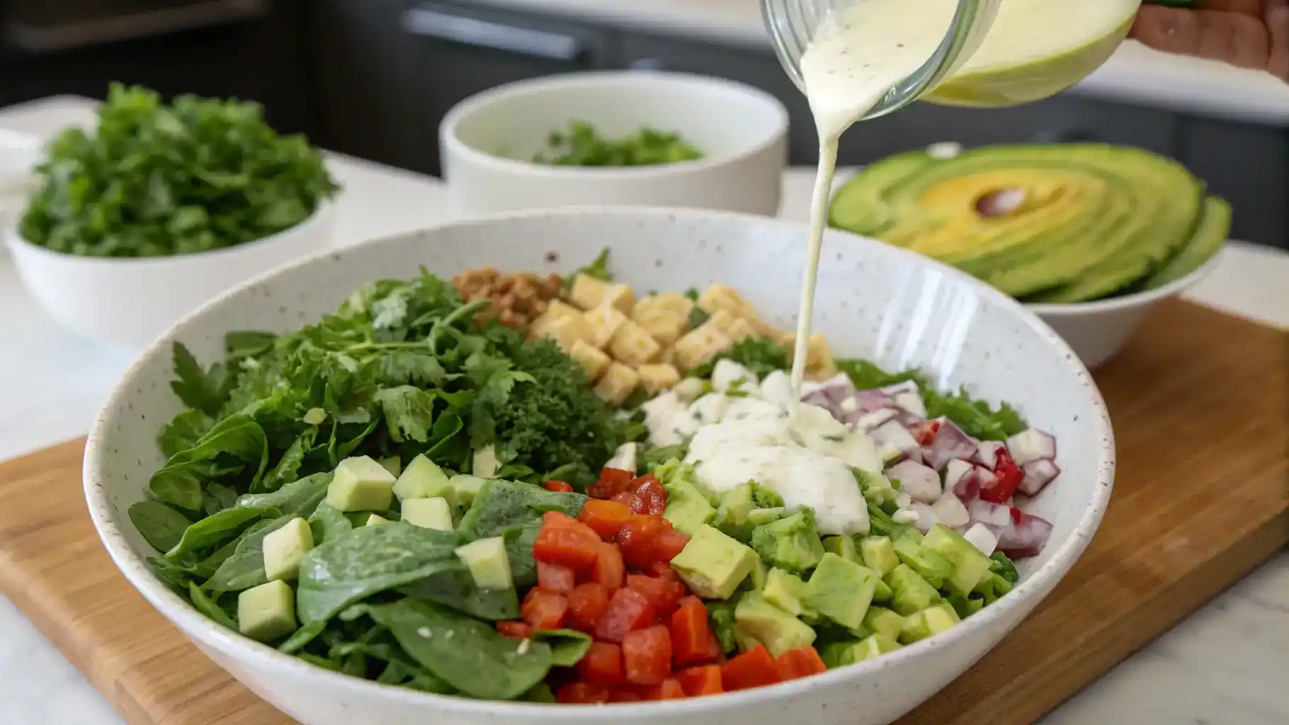 A vibrant Green Goddess Salad with fresh greens, diced cucumbers, cherry tomatoes, and creamy dressing.