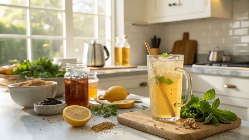 A refreshing muddy water drink being prepared with herbal tea, honey, and lemon juice.