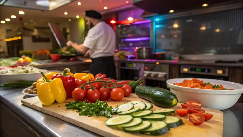 A colorful Primavera dish with fresh vegetables being sautéed in a pan.