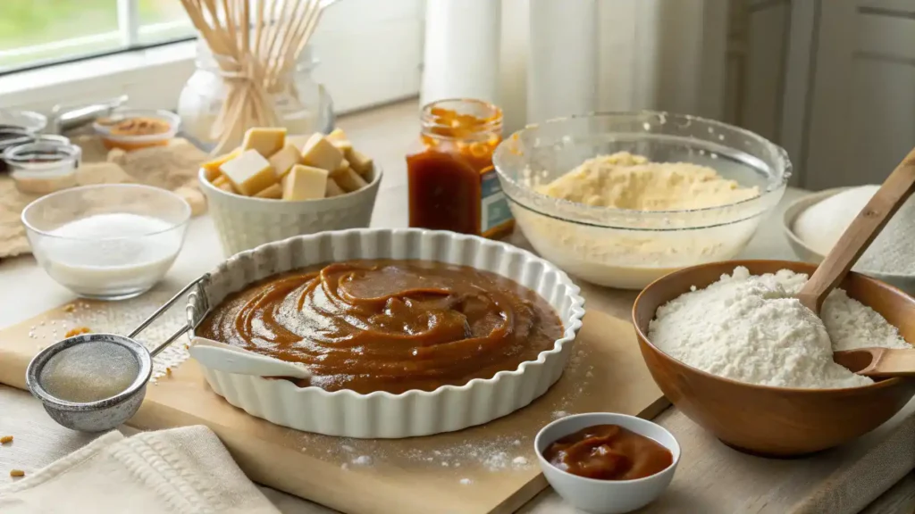 Ingredients and steps for making a salted caramel crown displayed in a bright kitchen.