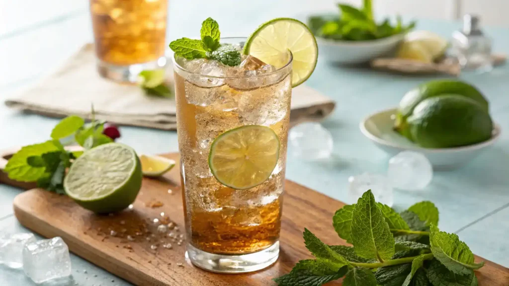 A refreshing Rum and Tonic mocktail in a tall glass with ice, garnished with a lime wedge and mint leaves.