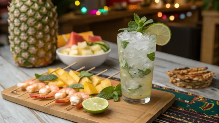 A served Rum and Tonic mocktail with tropical fruits and snacks.