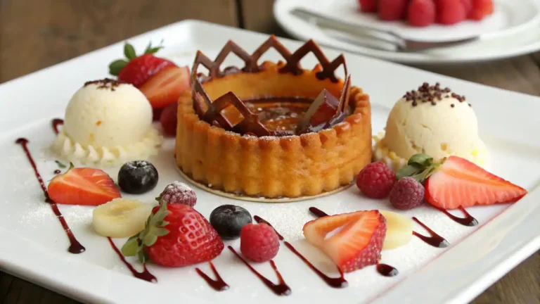 Serving suggestions for salted caramel crown with ice cream and fruit.