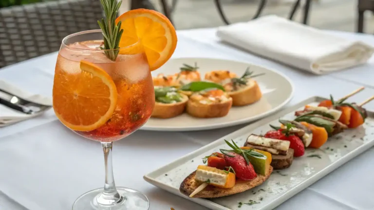 Serving suggestions for an Aperol mocktail including garnishes and appetizers.