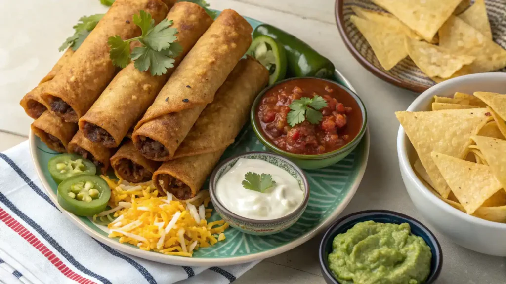Serving suggestions for Beef Taquitos with various dips and sides.