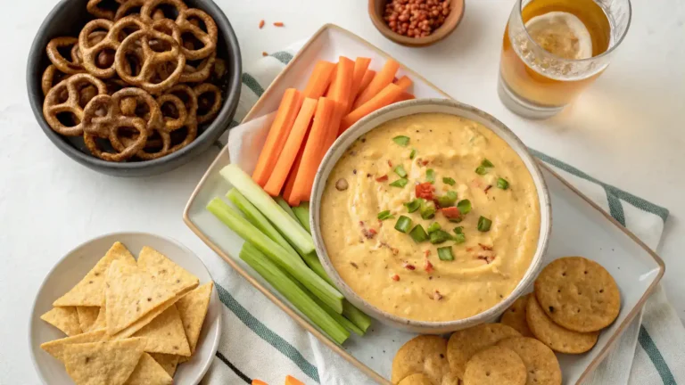 Different serving suggestions for beer cheese dip.