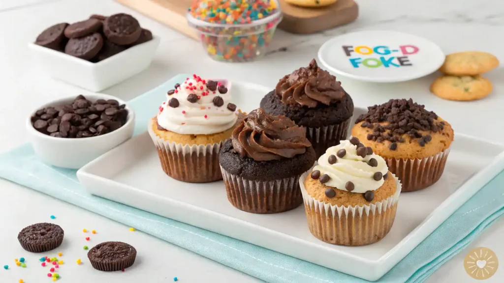 Serving suggestions for Brownie Cupcakes with whipped cream, ice cream, and berries.