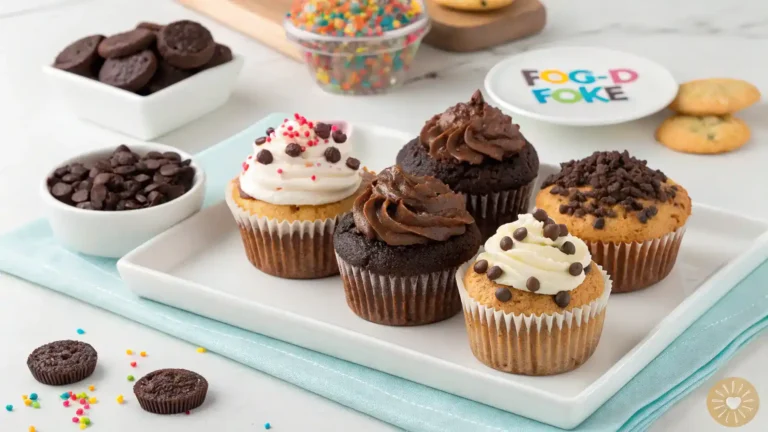 Serving suggestions for Brownie Cupcakes with whipped cream, ice cream, and berries.