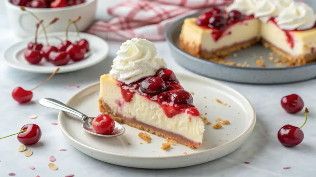 Slice of Cherry Cheesecake with whipped cream and fresh cherries.