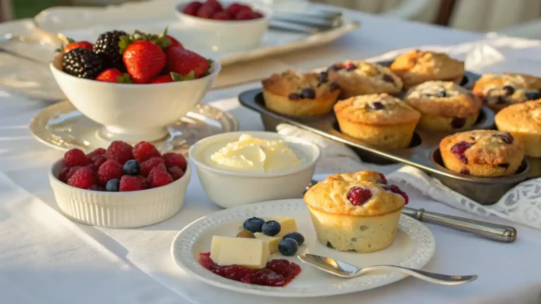 Cottage cheese muffins served with various toppings on a table.