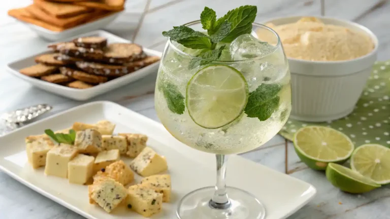 Hugo Spritz mocktail served in a large wine glass with appetizers.