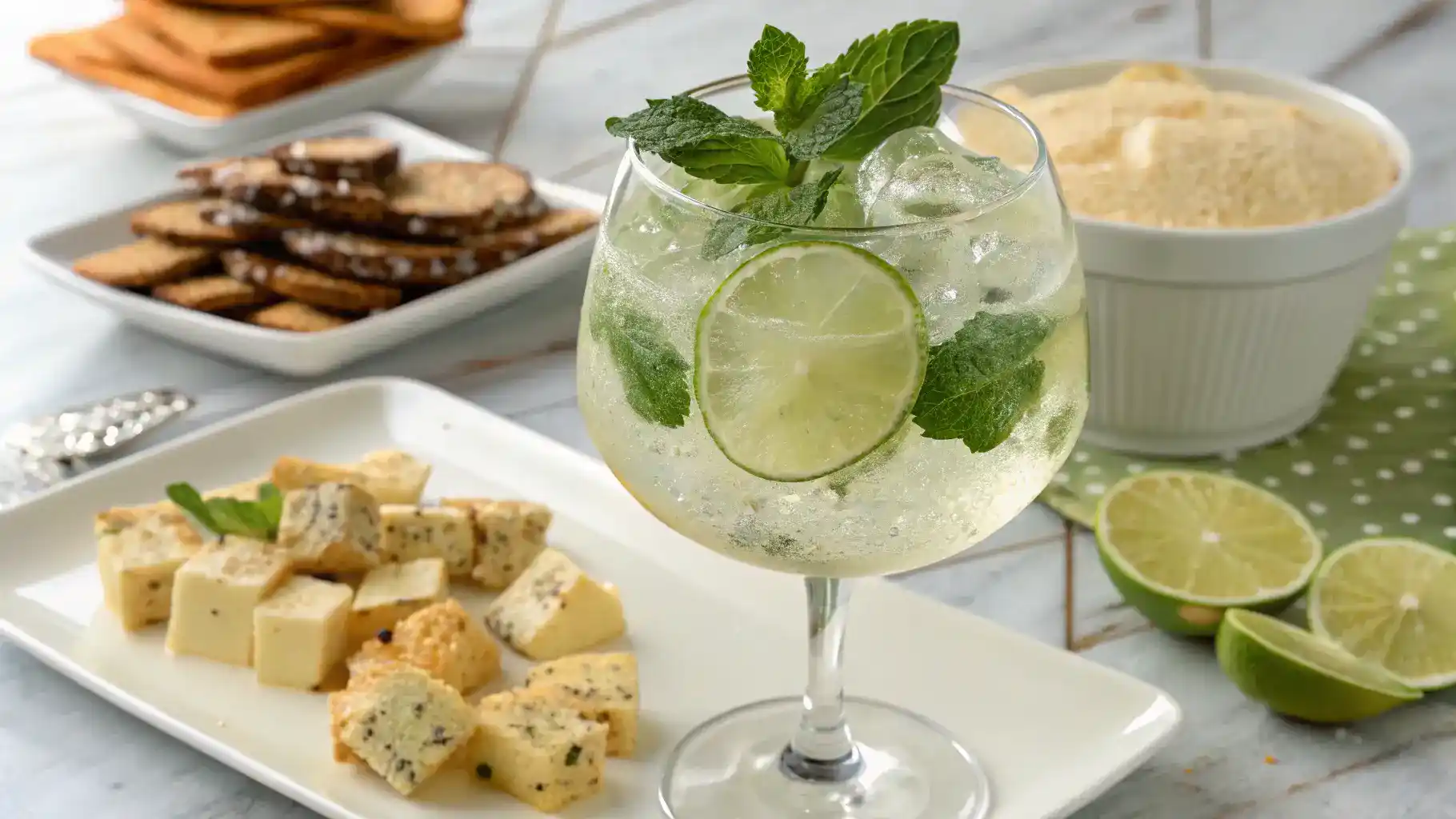 Hugo Spritz mocktail served in a large wine glass with appetizers.