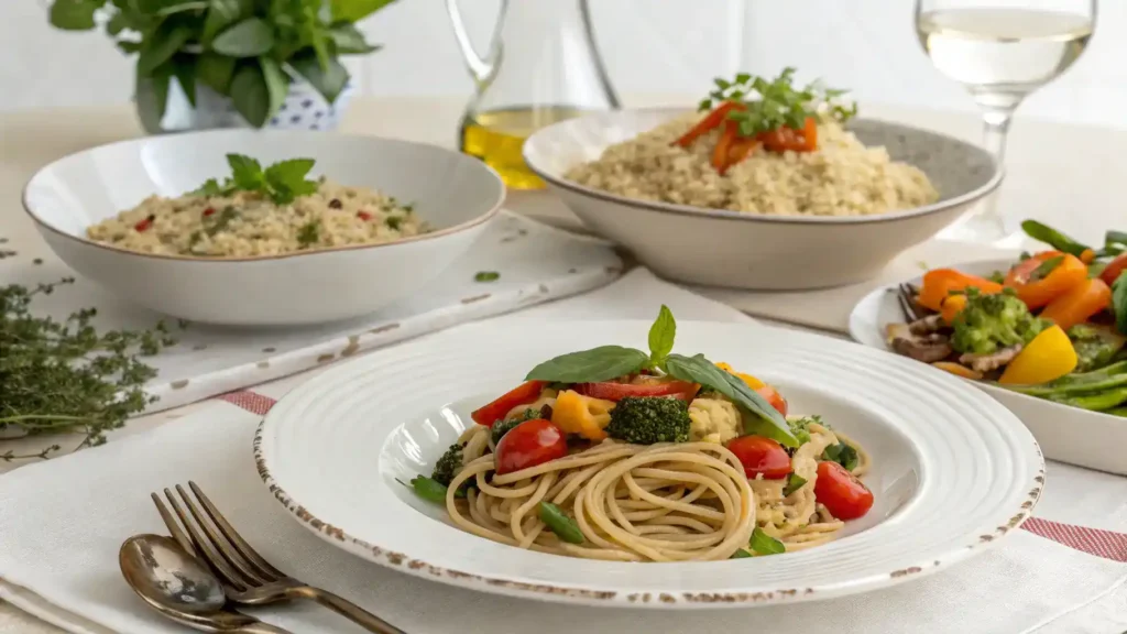 Different ways to serve Primavera with various sides and garnishes.