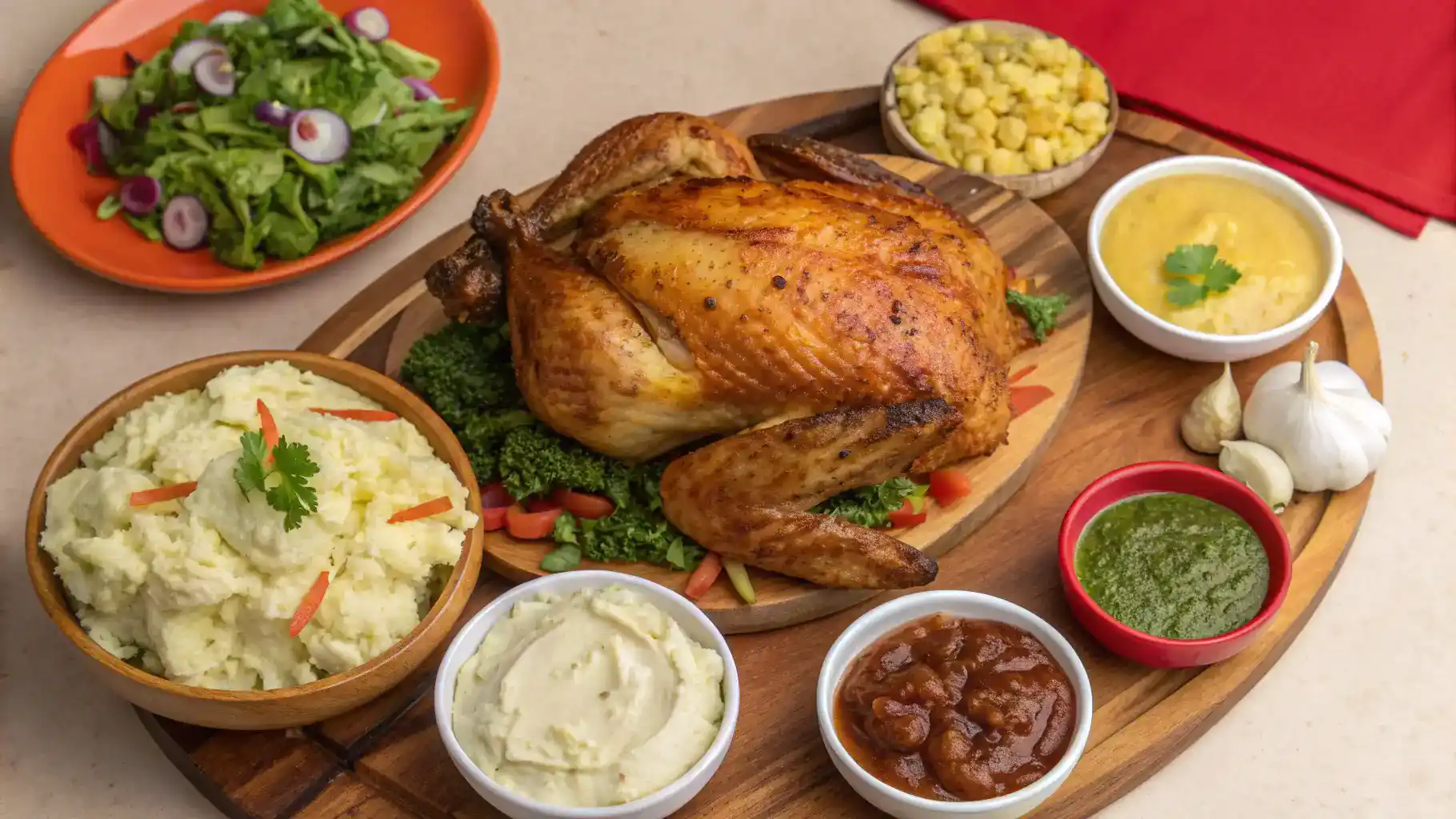 Serving suggestions for rotisserie chicken with various sides.