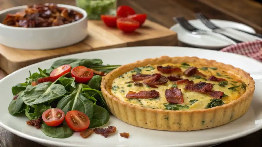 Spinach and bacon quiche served with a fresh salad and roasted cherry tomatoes.