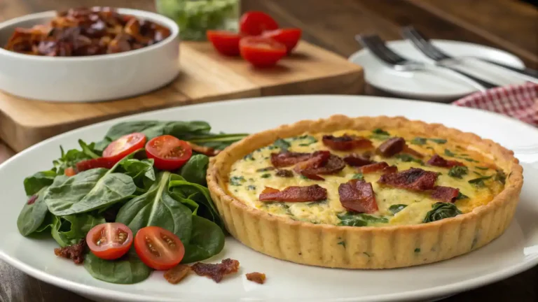Spinach and bacon quiche served with a fresh salad and roasted cherry tomatoes.