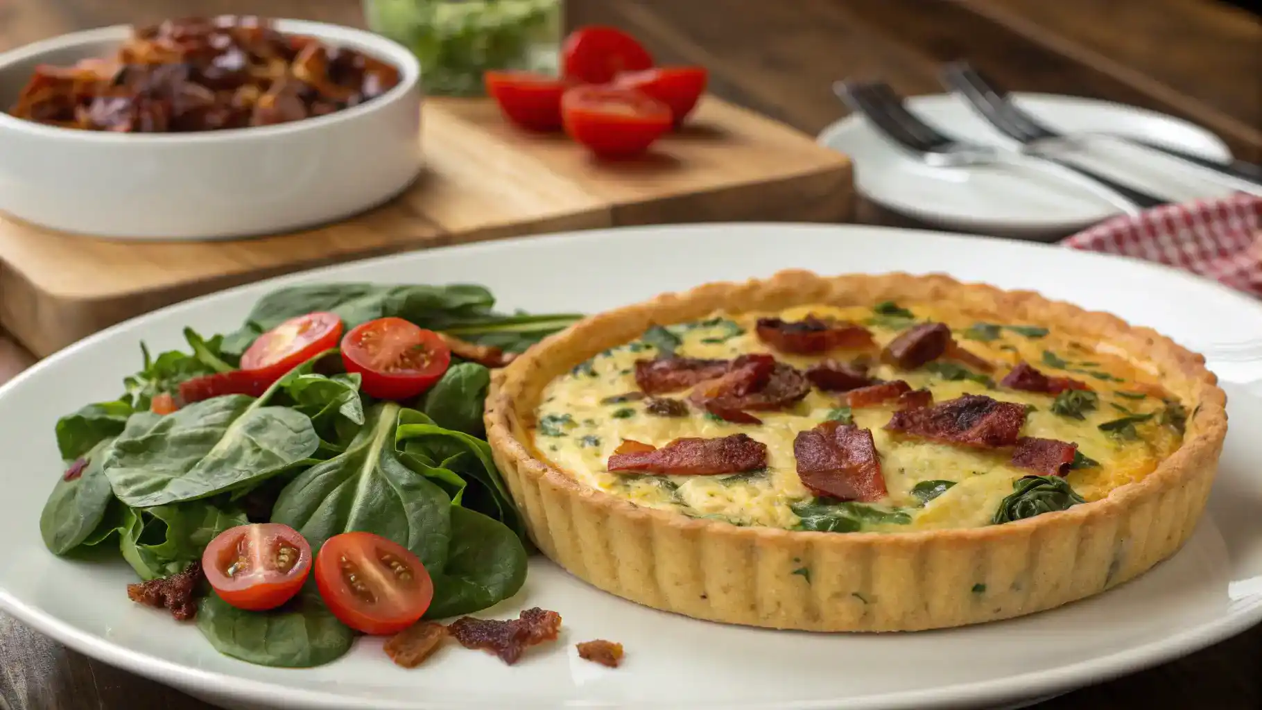 Spinach and bacon quiche served with a fresh salad and roasted cherry tomatoes.