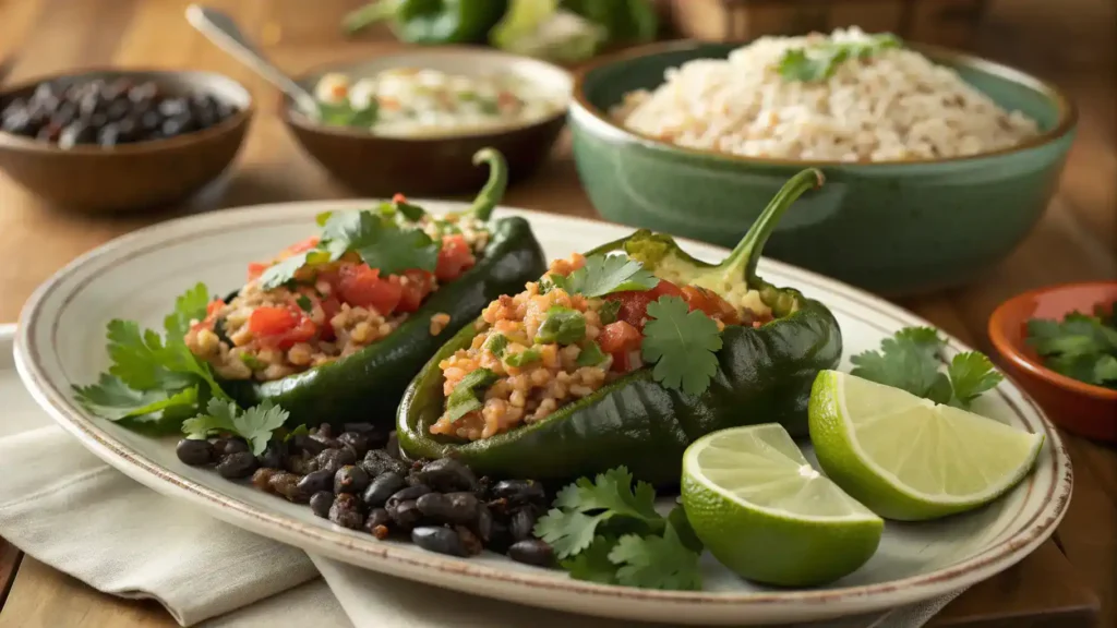 Stuffed poblano peppers served with garnishes and sides.