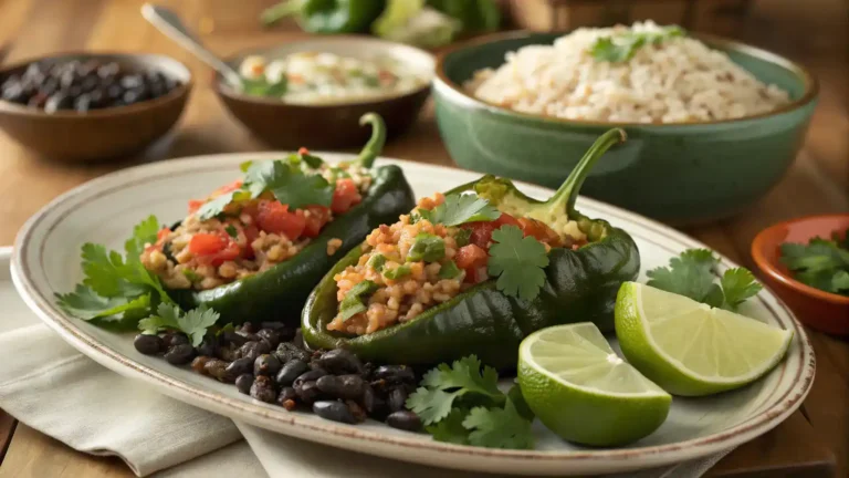 Stuffed poblano peppers served with garnishes and sides.