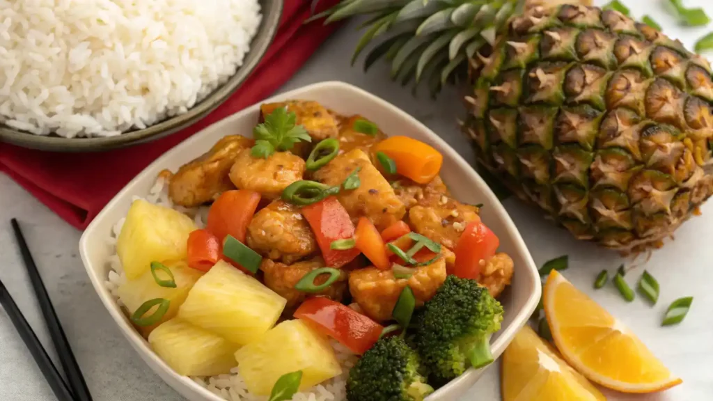 Serving suggestions for Sweet n Sour Pineapple Chicken with rice and vegetables.
