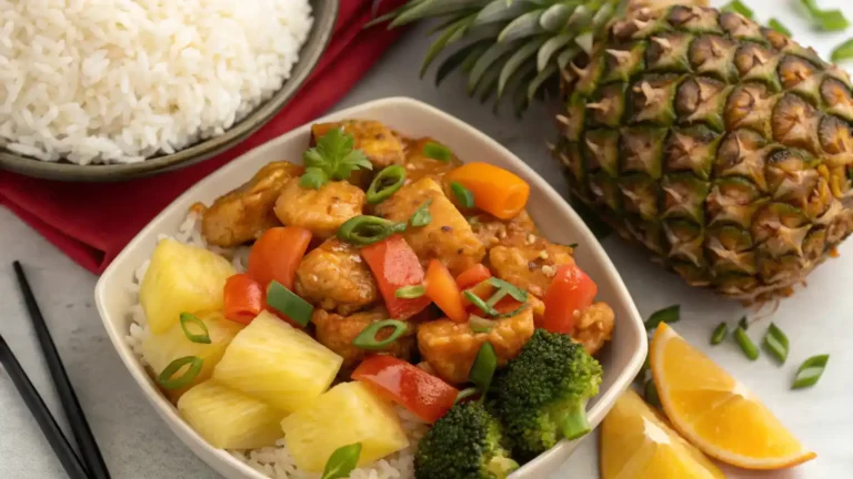 Serving suggestions for Sweet n Sour Pineapple Chicken with rice and vegetables.