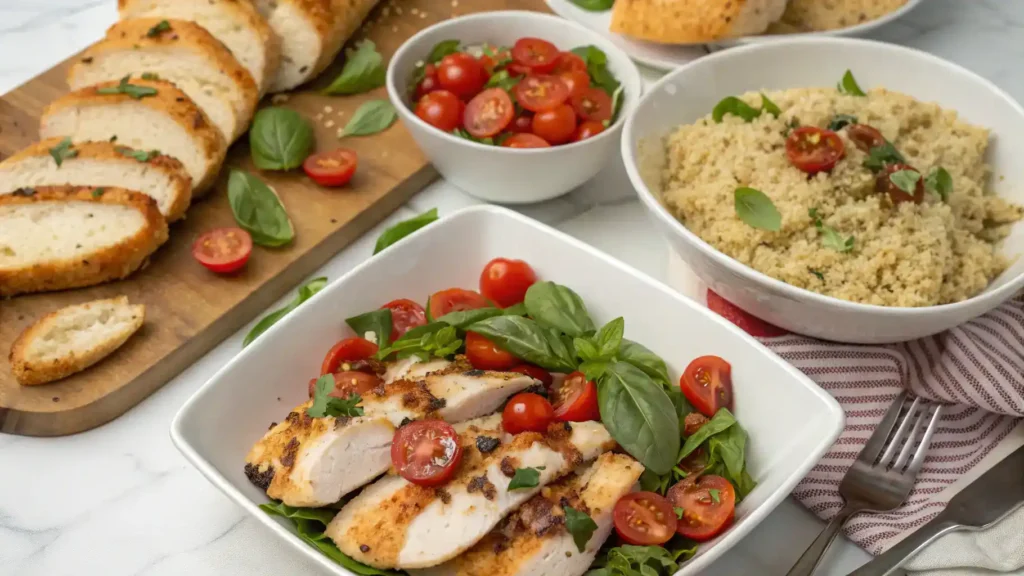 Serving suggestions for Tomato-Basil Chicken displayed on a table.