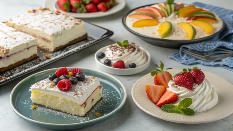 A beautifully decorated tres leches cake with whipped cream and fresh fruit.