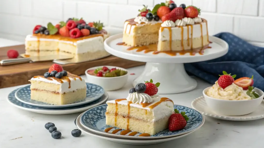 Different serving suggestions for tres leches cake.