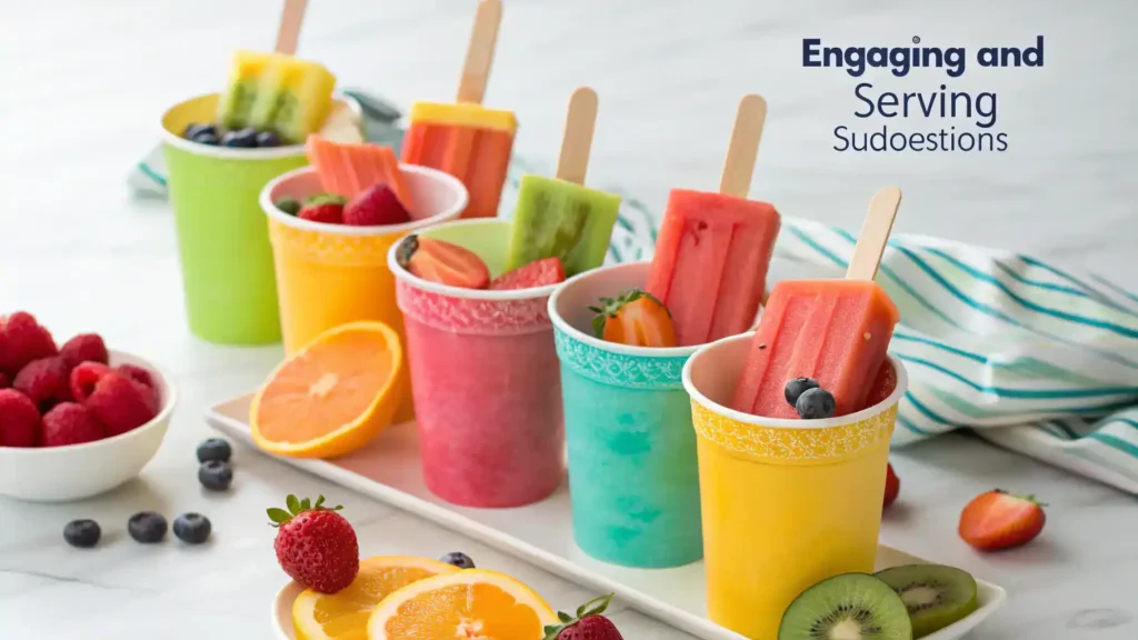 Creative serving ideas for popcicles with colorful cups and toppings.