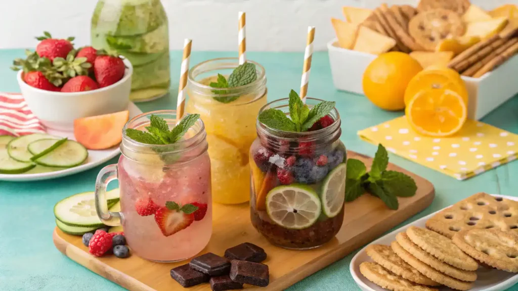 Serving suggestions for muddy water drink with mason jars and garnishes.