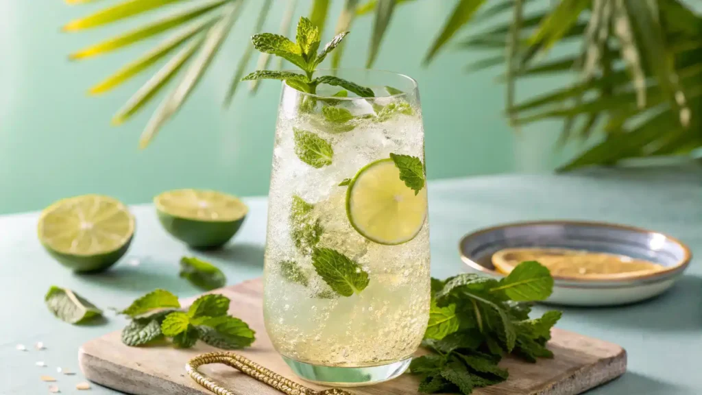 A beautifully garnished Hugo Spritz mocktail with mint leaves and lime, served in a large wine glass.