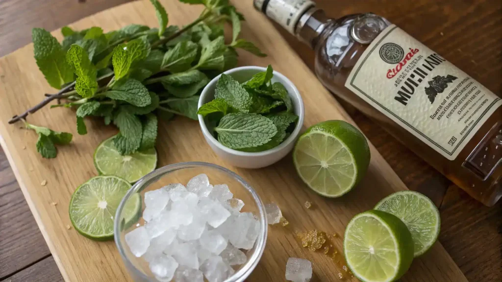 Ingredients for Rum and Tonic mocktail including non-alcoholic rum, tonic water, lime juice, mint leaves, and ice cubes.