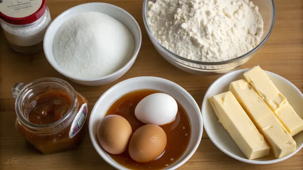 Ingredients for salted caramel crown arranged on a wooden table.